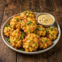 Golden crispy corn fritters with fresh corn, parsley and green onions, air-fried until crisp and served on a warm rustic brown wooden table.